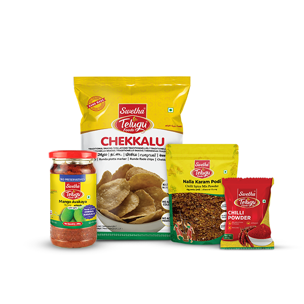 chekkalu (150gms),Mango avakaya (300gms), chilli powder (100gms), nalla karam podi (100gms)